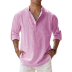 Men Linen Shirt Henley Lightweight Long Sleeve Button Neck Casual