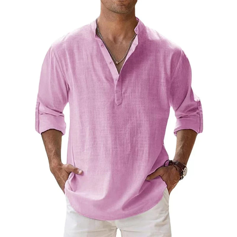 Men Linen Shirt Henley Lightweight Long Sleeve Button Neck Casual