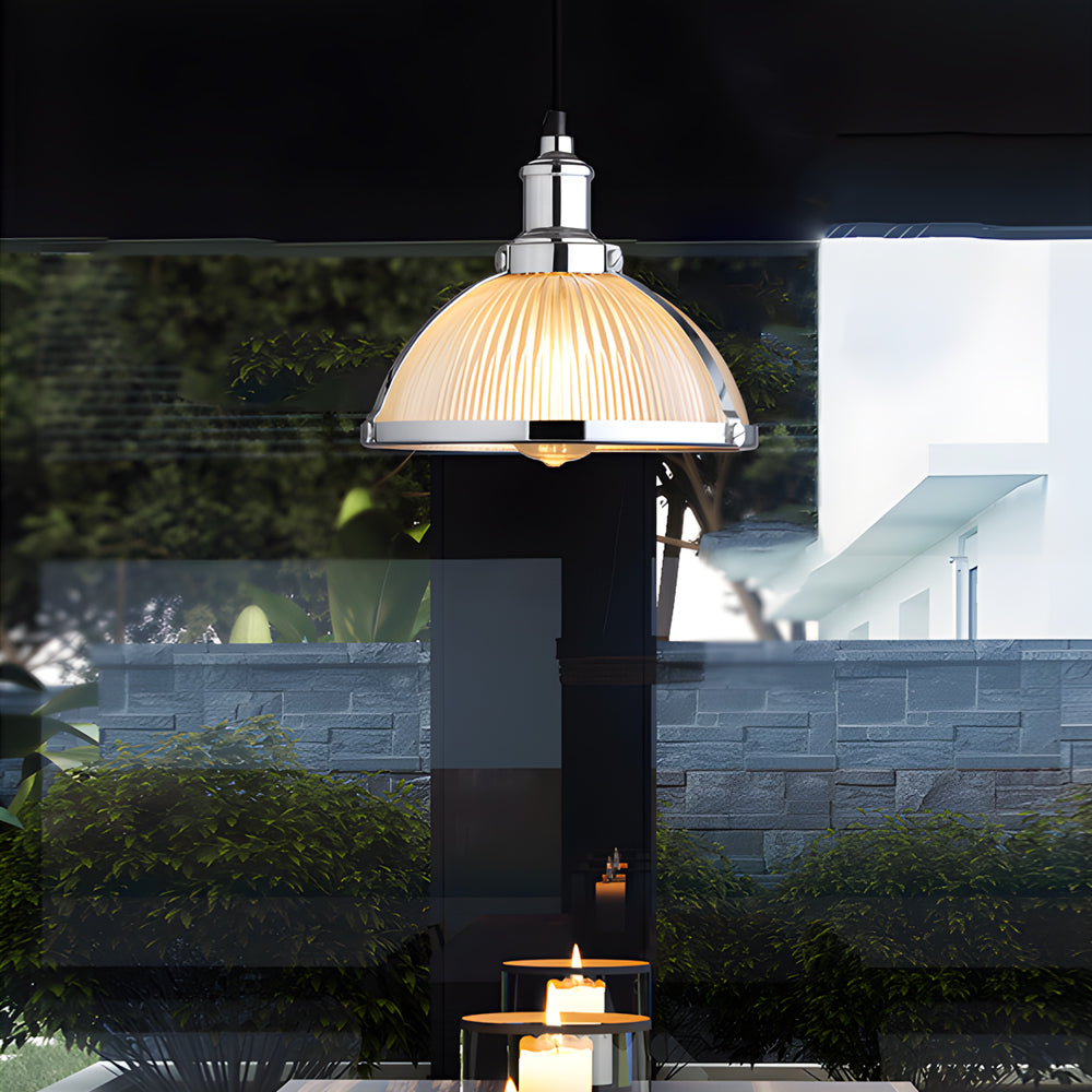 Indra | Pendant Lamp | Retro Striped Glass Shade, 1-Light | Chrome & Bronze