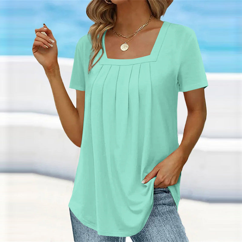 Noor | Women's Blouse | Square Neck, Short Sleeve | Pleated Detail