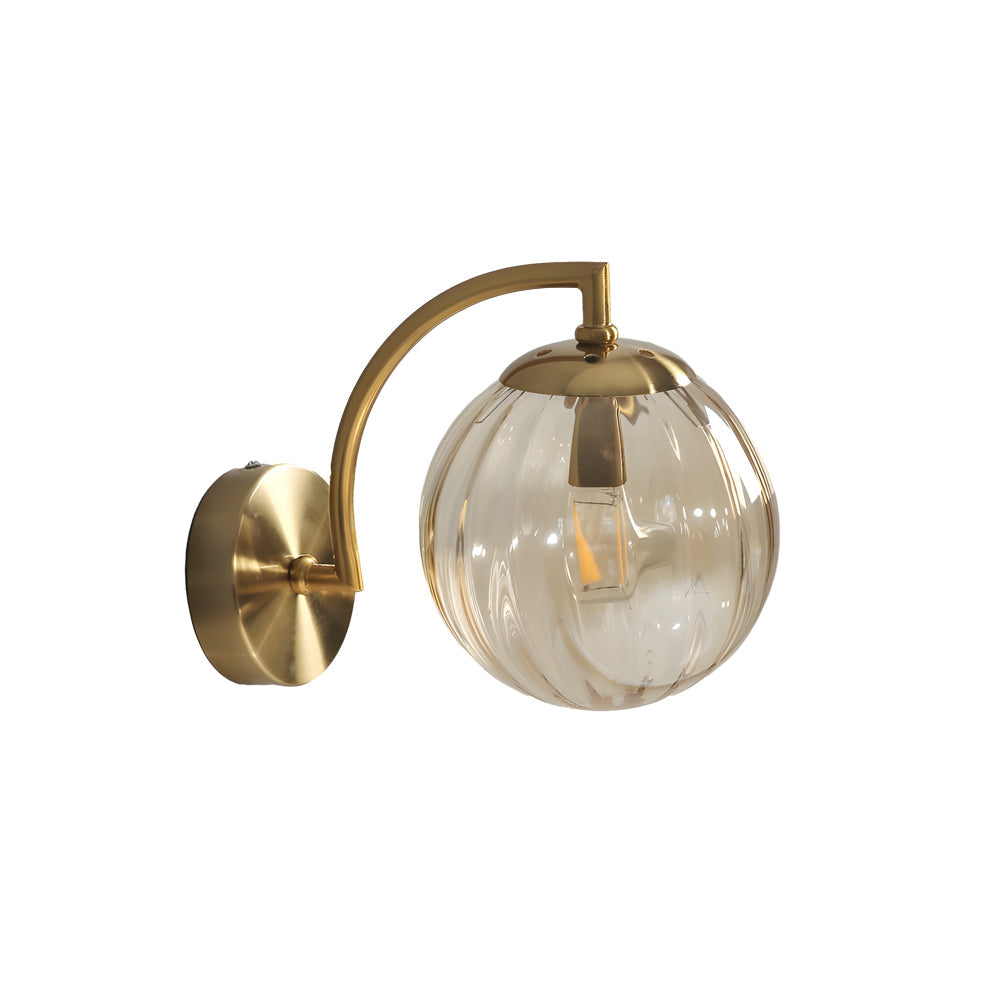 Luna | Wall Lamp | Curved Arm, Spherical Ribbed Glass Shade, 1-Light