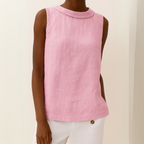 Women Linen Cotton Sleeveless Longline Top Pleated Collar