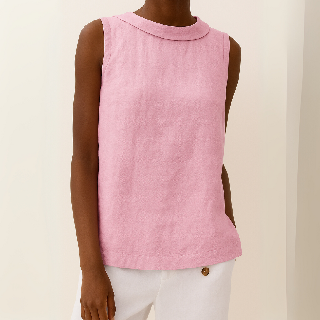 Women Linen Cotton Sleeveless Longline Top Pleated Collar
