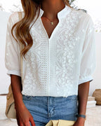 Eira | Women's Blouse | V-Neck, Puff Sleeves | Cotton Mix, Patchwork