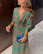 Women's Maxi Dress | Boho Print, V-Neck, Twist Front | Alba
