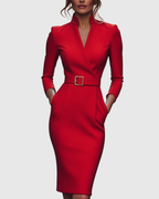 Midi Dress Women Fitted Pencil Wrap Neckline Three Quarter Sleeve