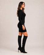 Women Long Sleeve Dress Ribbed Knit Midi Fitted Crew Neck | Hazel