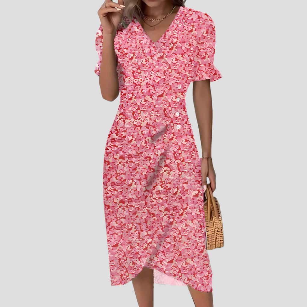 Zinnia | Women's Floral Midi Dress | V-Neck, Puff Sleeves, A-Line | Summer