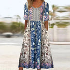 Yara | Women's Midi Dress | Boho Print, Square Neck, Short Sleeve