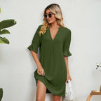 Cassia | Women V-Neck Knee Length Dress Ruffle Detail