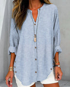 Women Loose Fit Long Sleeve Button-Up Blouse Striped V-Neck