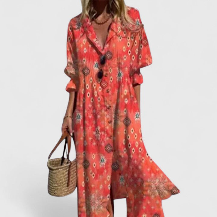 Della | Boho Dress | Women's Floral Midi, Bold Colors | All-Occasion