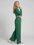 Women 2 Piece Long Sleeve Crop Top Wide Leg Pants Set