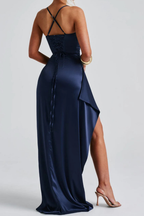 Cleo | Maxi Dress | Women's Ruched Satin Spaghetti Strap, High Slit | Navy Blue