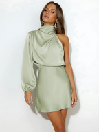 Satin Dress | Women's One-Shoulder Draped Maxi Christmas Party Dress