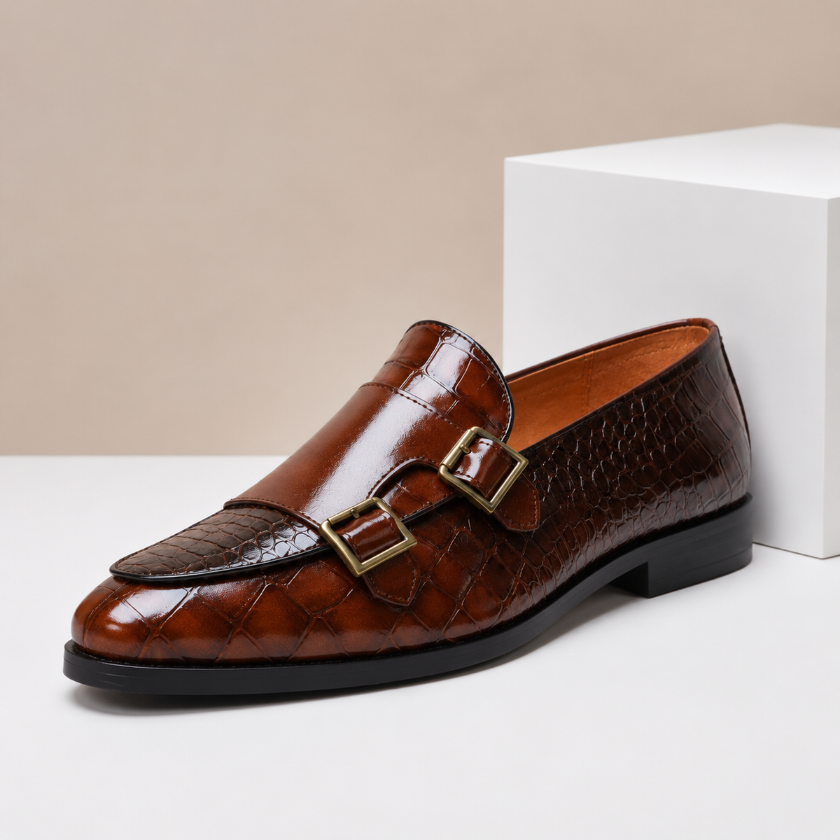 Clea | Men's Leather Loafers | Double Monk Strap, Almond Toe