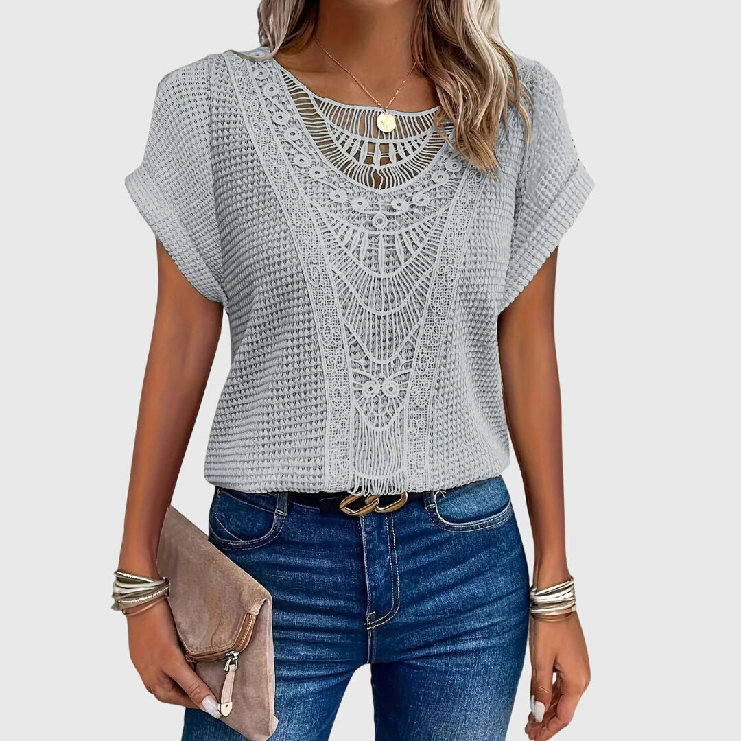 Mila | Women's Openwork Blouse | Short Sleeve, Round Neck | Loose Fit
