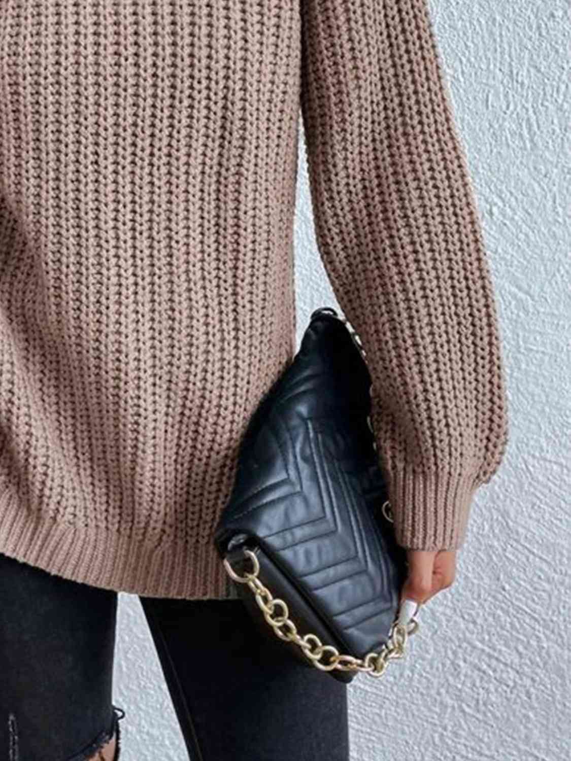 Women Ribbed Knit Turtleneck Sweater Side Slit