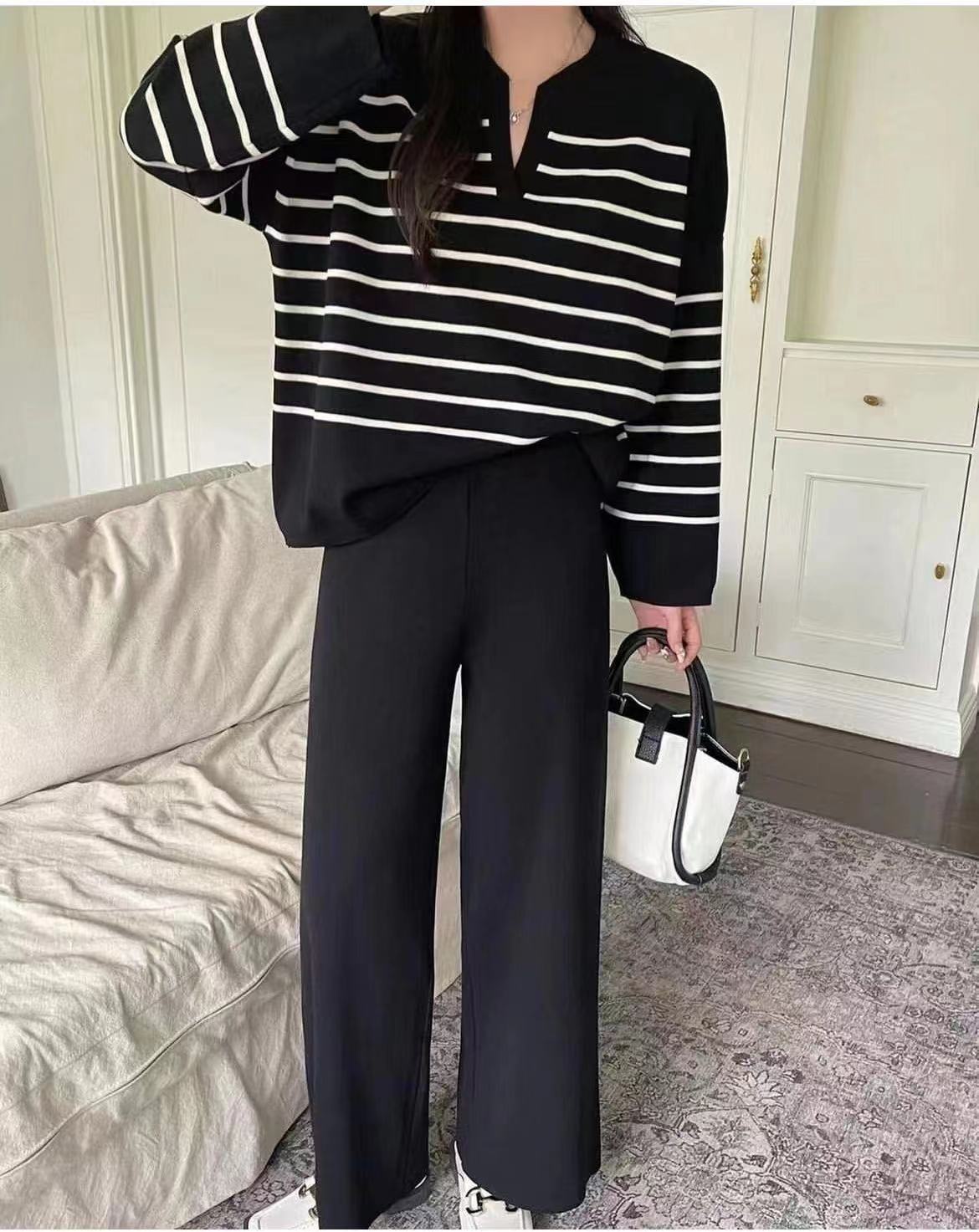 Women 2 Piece Knit Blouse Wide Leg Trousers Striped Set