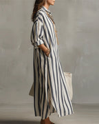 Aria | Women's Striped Maxi Dress | Blue, Lapel Collar, Casual Spring
