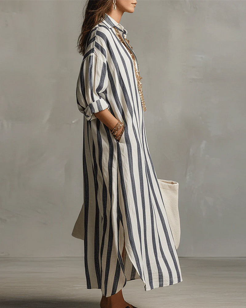 Aria | Women's Striped Maxi Dress | Blue, Lapel Collar, Casual Spring