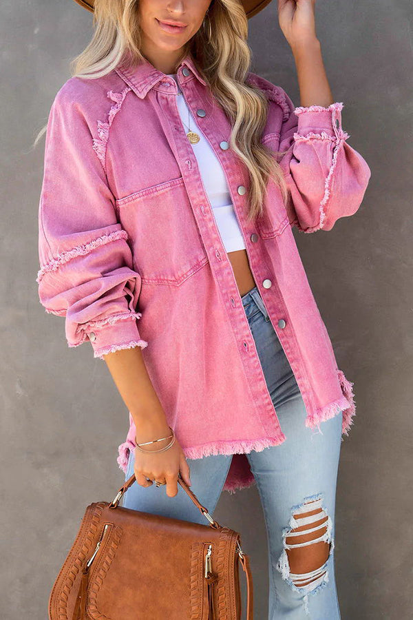 Women Denim Jacket Oversized Fringe Detail