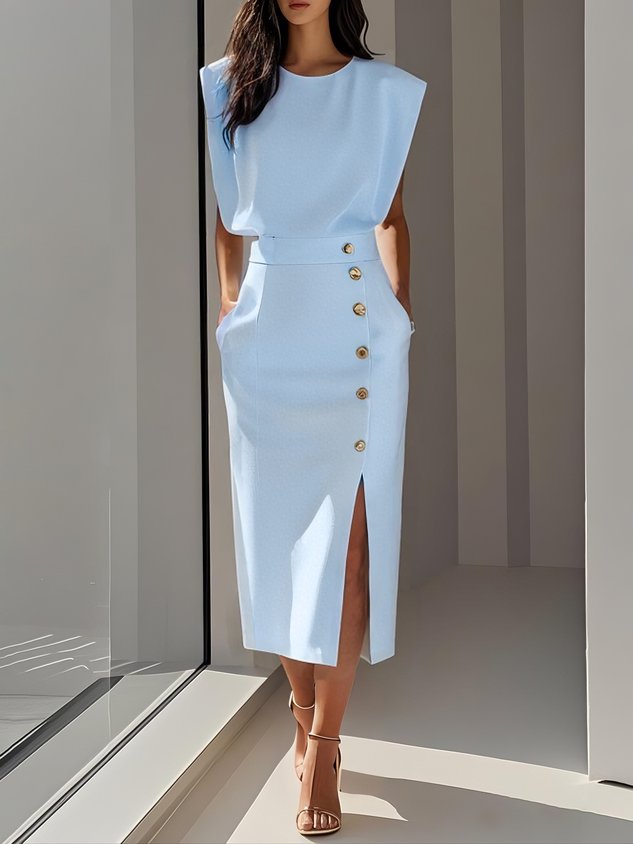 Calla | Women's Midi Dress | Round Neckline, Button Slit | Structured