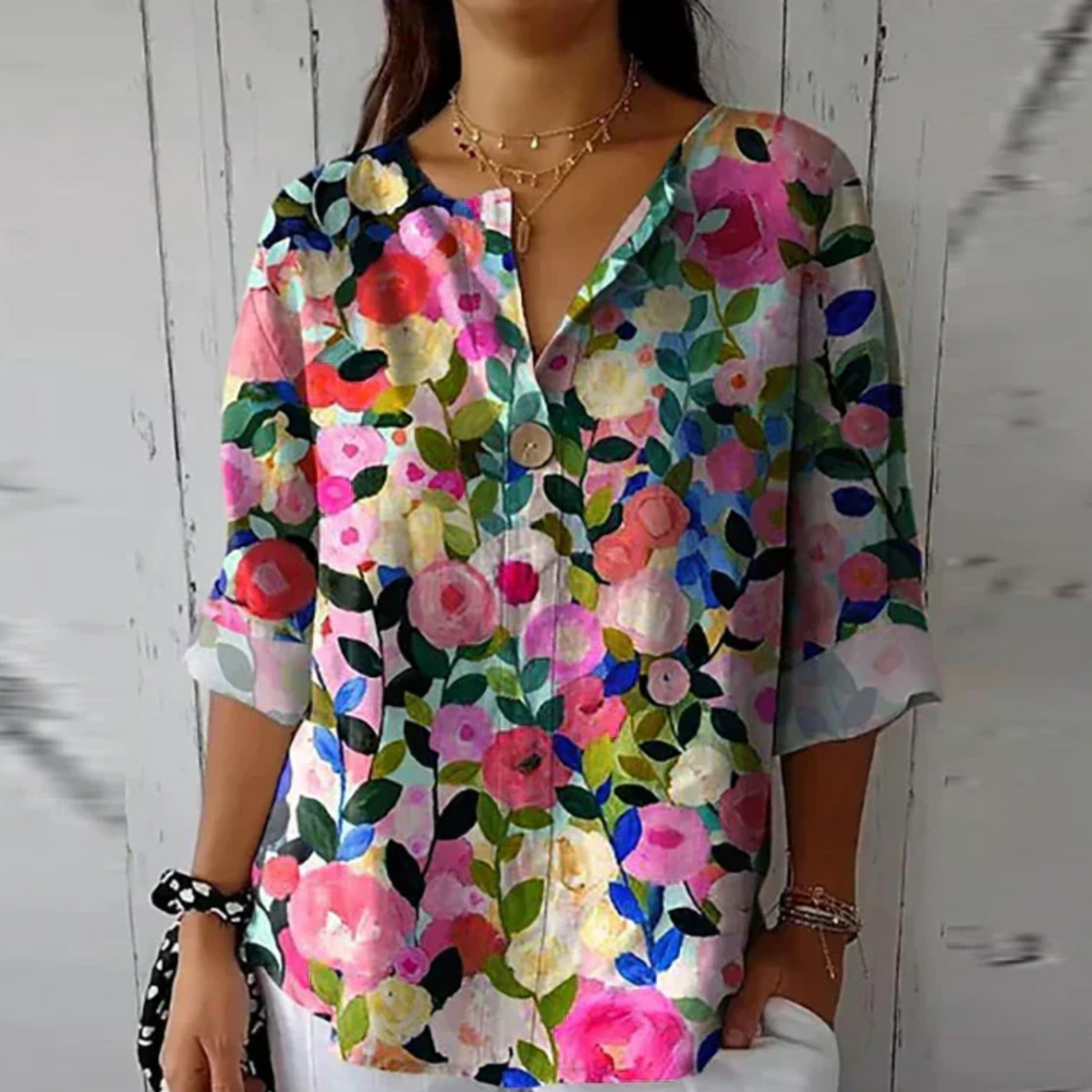 Aria | Women's Floral Blouse | V-Neck, Short Sleeve | Relaxed Fit
