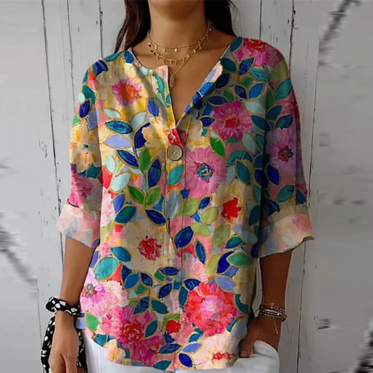 Aria | Women's Floral Blouse | V-Neck, Short Sleeve | Relaxed Fit