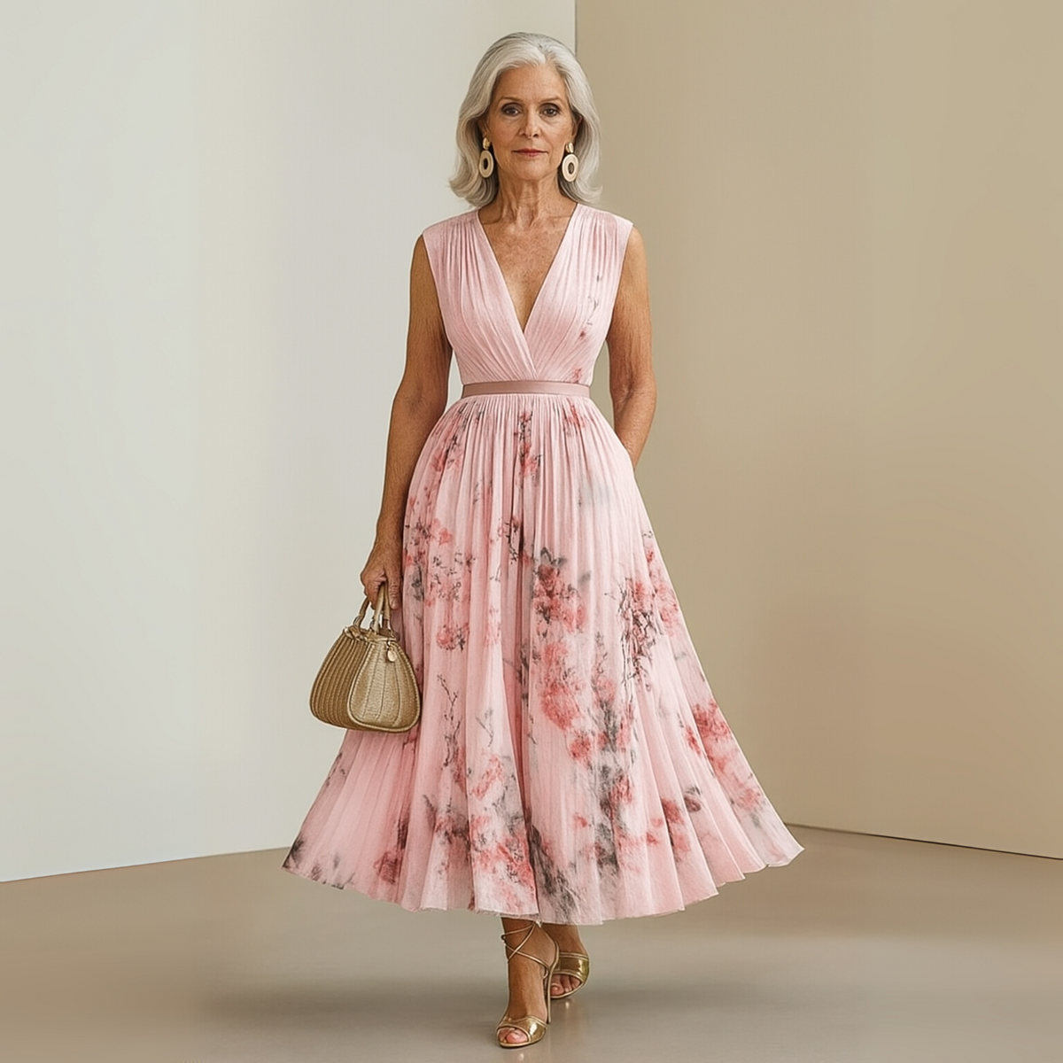 Women Flowy Midi Dress Pleated