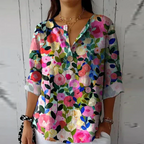 Women floral button down blouse 3/4 sleeve relaxed fit