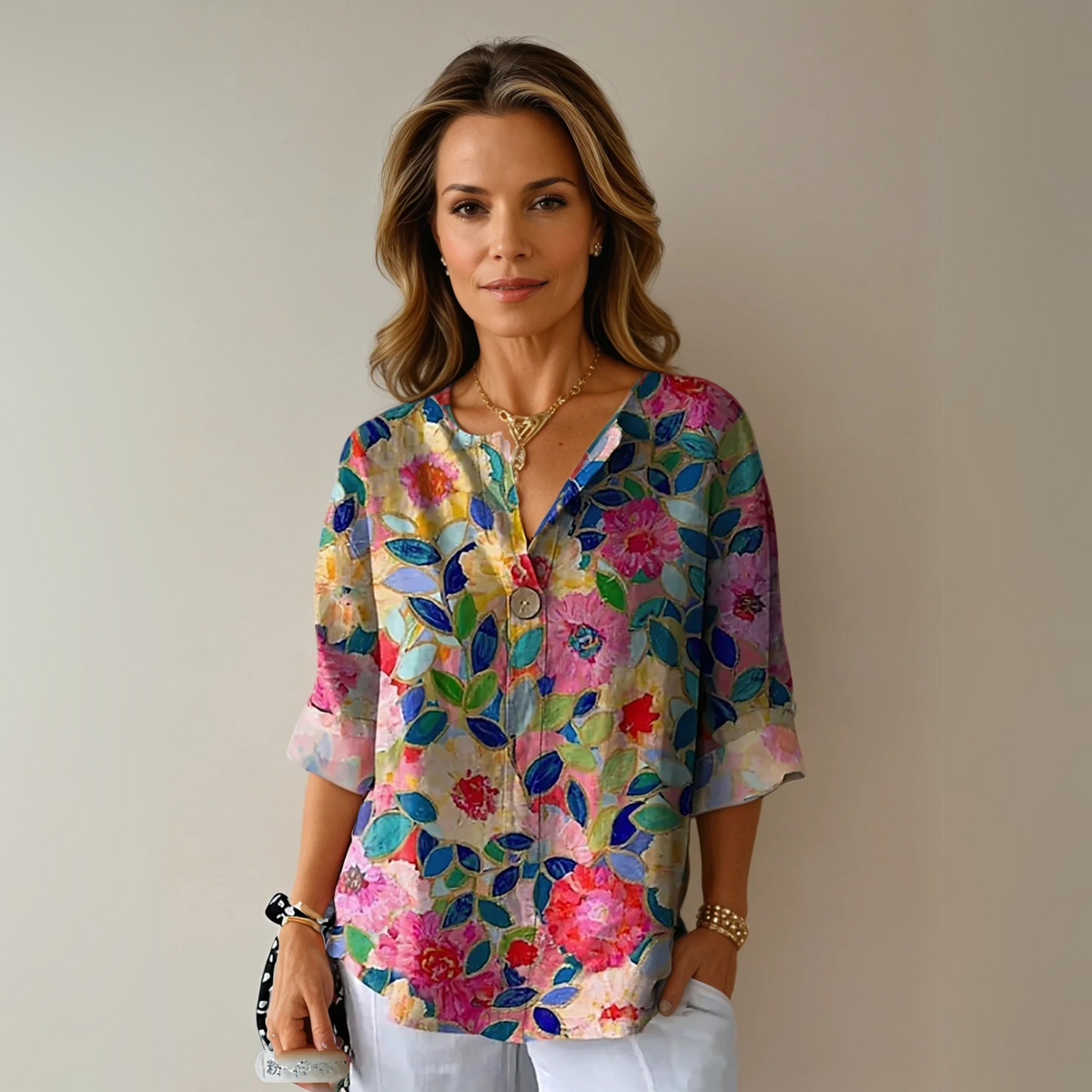 Women floral button down blouse 3/4 sleeve relaxed fit