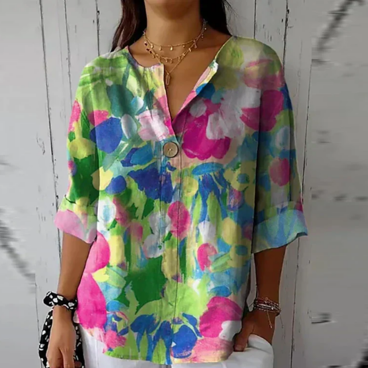 Women floral button down blouse 3/4 sleeve relaxed fit