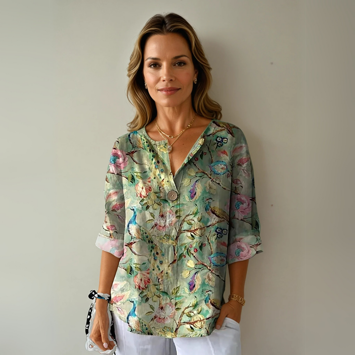 Women floral button down blouse 3/4 sleeve relaxed fit
