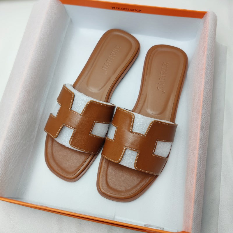 Heeled Sandals Women Genuine Leather Low Heel H Strap Slip On