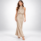 Satin Dress Women Midi Asymmetric Neckline Lightweight