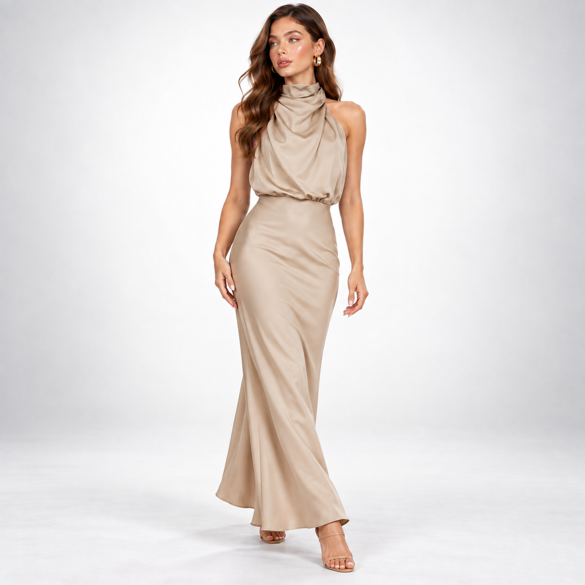 Satin Dress Women Midi Asymmetric Neckline Lightweight