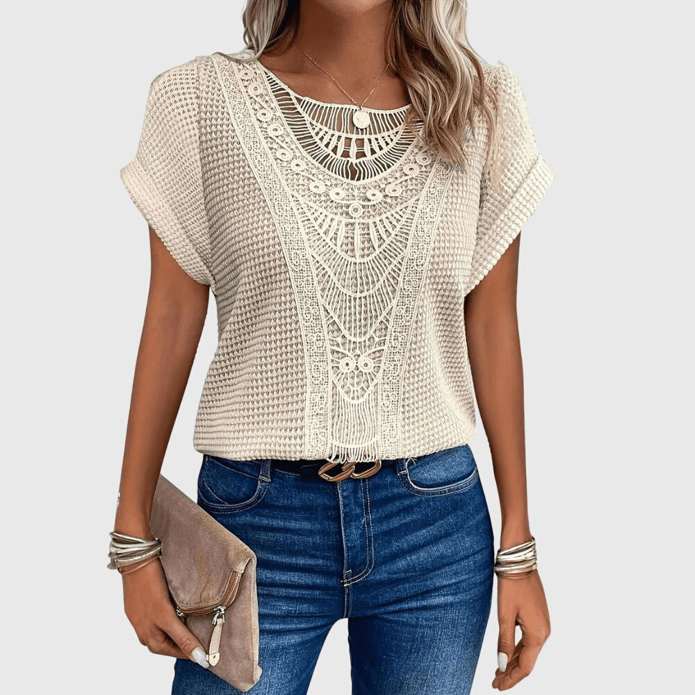 Mila | Women's Openwork Blouse | Short Sleeve, Round Neck | Loose Fit