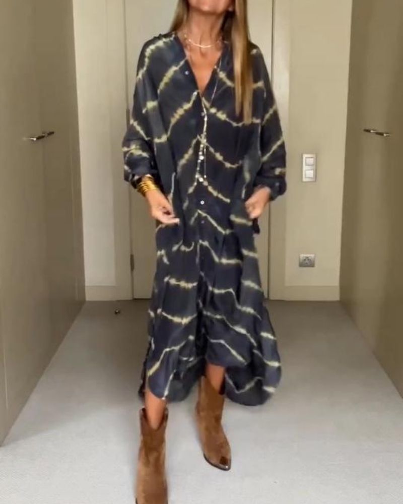 Long Sleeve Dress Women Boho Striped Maxi V Neck | Clea