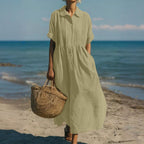 Women Linen Dress Button Front Flowy Midi | Yasmin