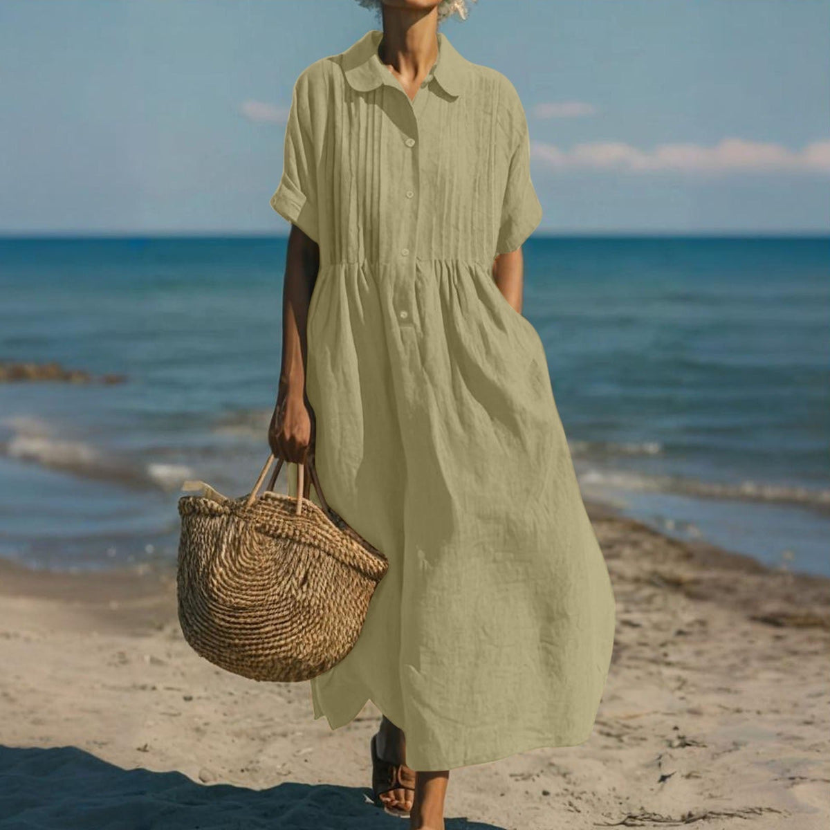 Women Linen Dress Button Front Flowy Midi | Yasmin