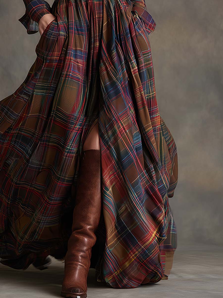 Shirt Dress Women Plaid Button Down Lapel Midi | Indra