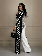 Women Jumpsuits Polka Dot Contrast Color Long Sleeve High Waist | Clea