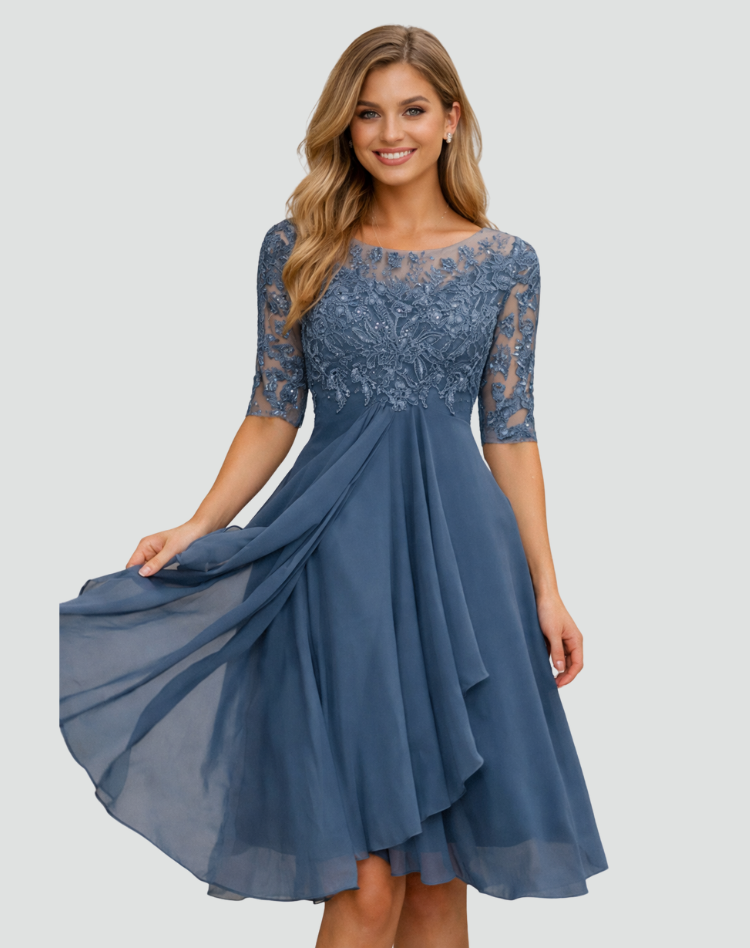 Cocktail Dress Women Midi Lace Top Tulle Skirt Three Quarter Sleeve