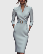Midi Dress Women Fitted Pencil Wrap Neckline Three Quarter Sleeve