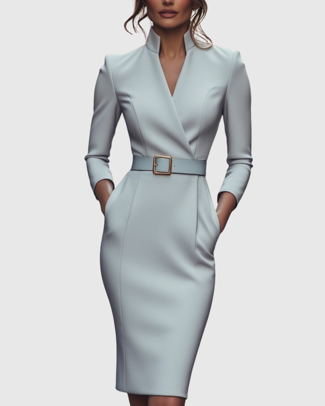 Midi Dress Women Fitted Pencil Wrap Neckline Three Quarter Sleeve