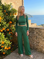 Women 2 Piece Long Sleeve Crop Top Wide Leg Pants Set