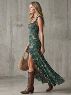 Lux | Midi Dress | Dark Green Smocked Bodice, Ruffle Strap, Front Slit