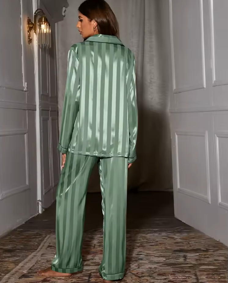 Satin Pajamas Women 2 Piece Striped Long Sleeve Button Up Set