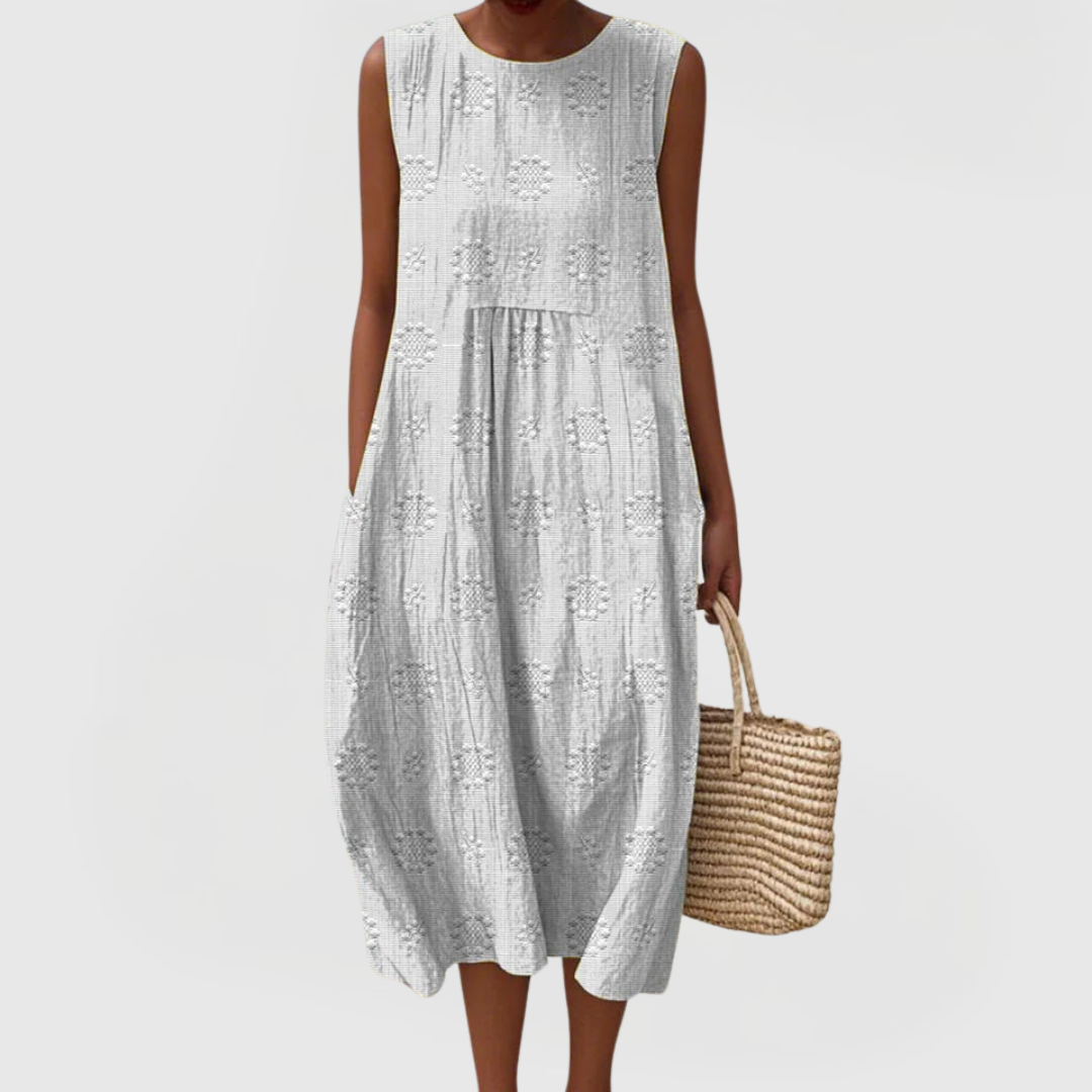 Floral Dress Women Sleeveless Midi Embroidered Side Pockets Summer